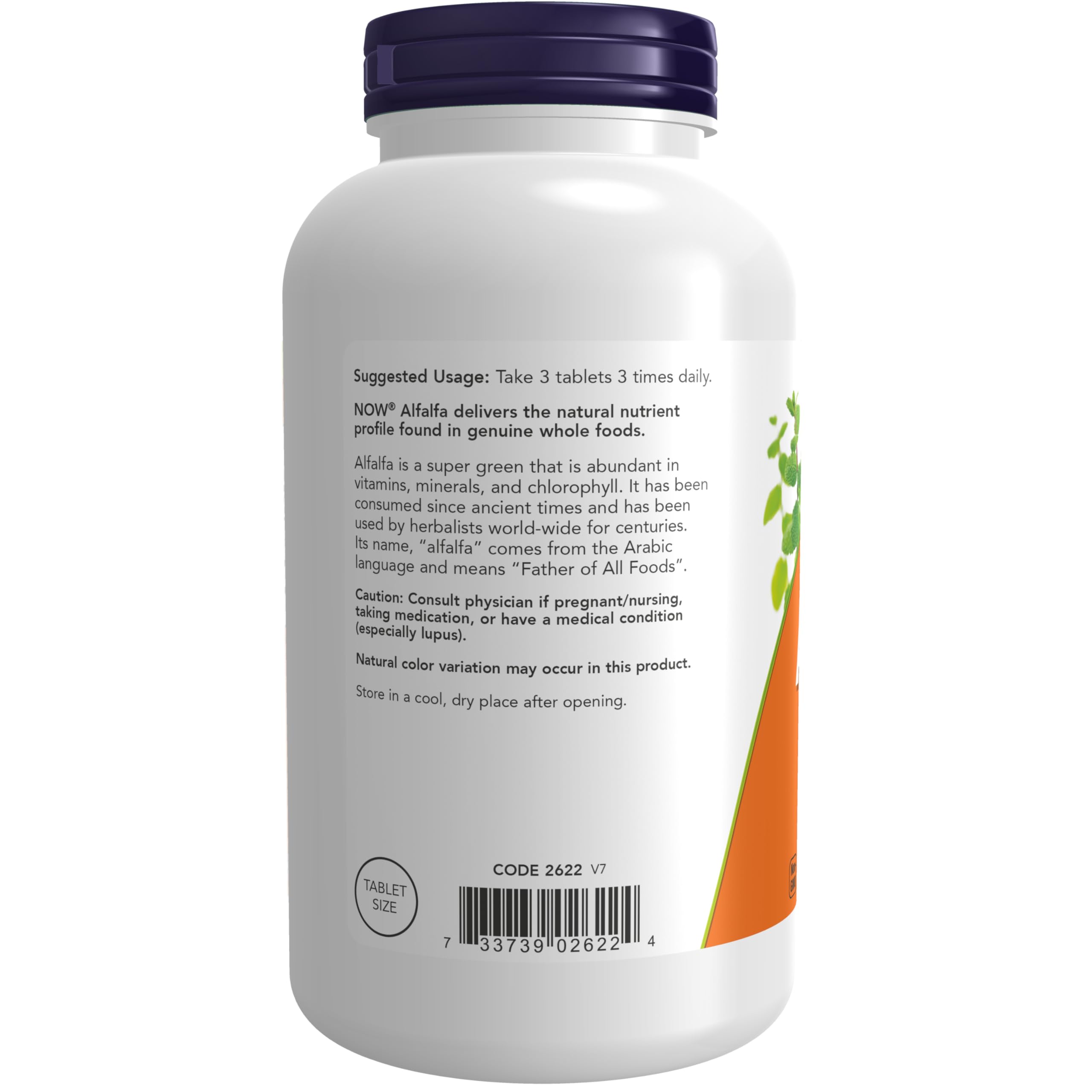 NOW Foods Alfalfa label closeup showing non-GMO vegan certification.