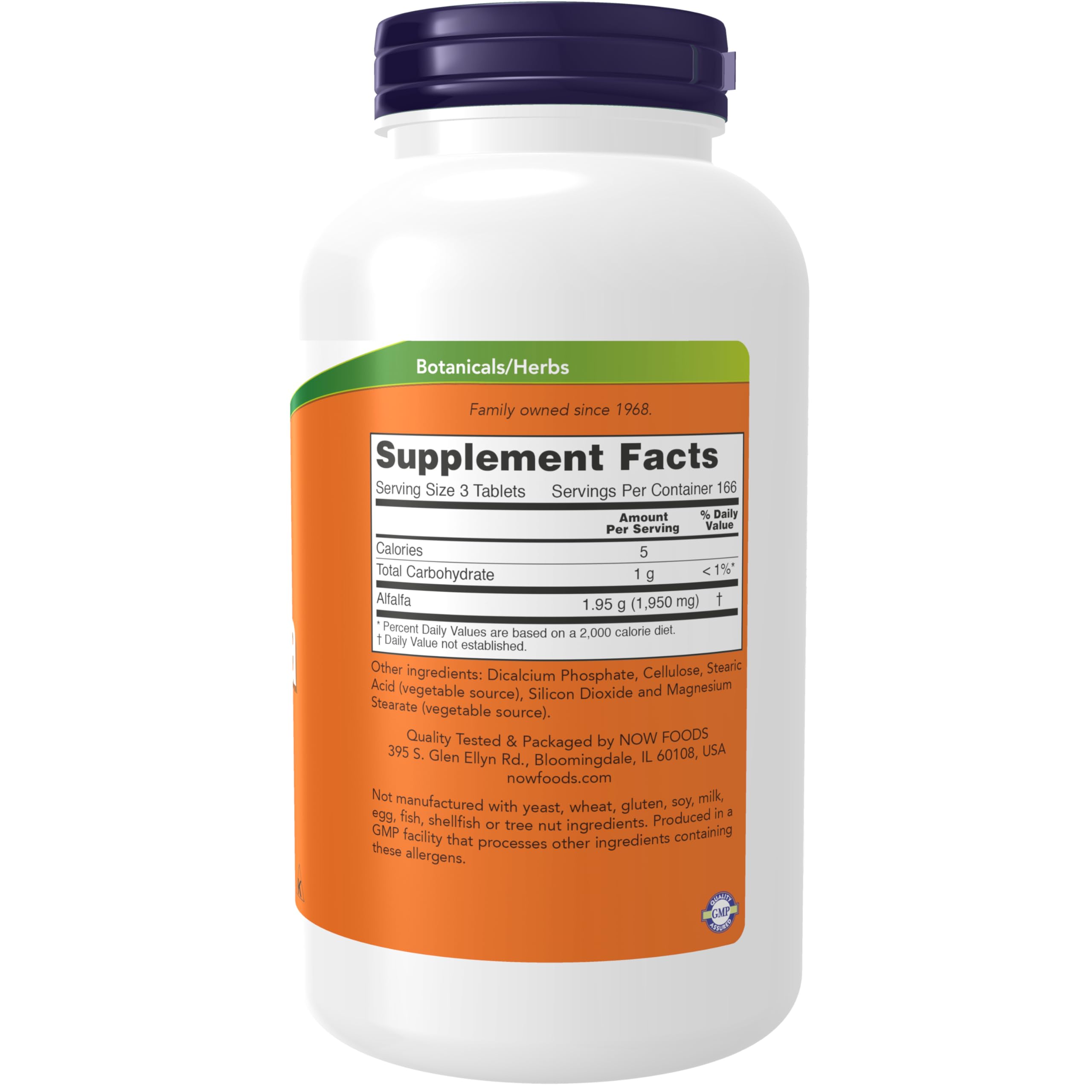 NOW Foods Alfalfa tablets closeup showing compact daily greens tablets.