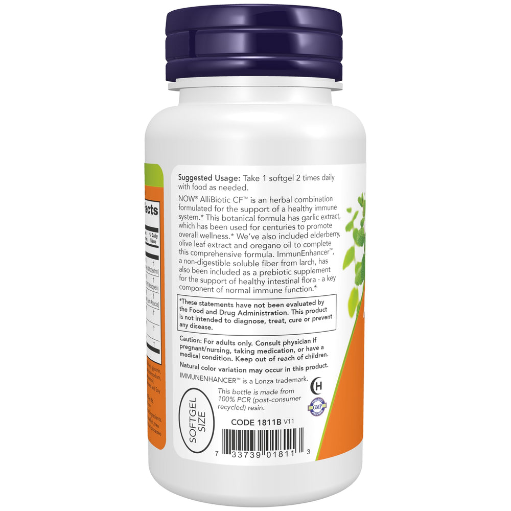 NOW Foods AlliBiotic CF elderberry bottle emphasizing immune-friendly properties
