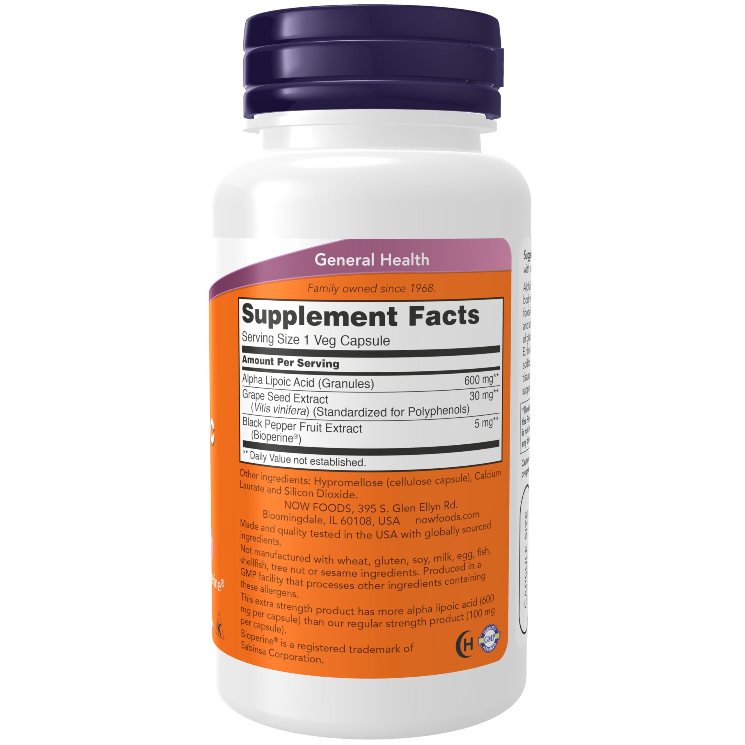 NOW Foods Alpha Lipoic Acid 600 mg bottle label close-up showing grape seed extract blend