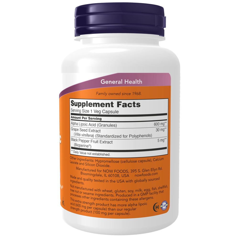 NOW Foods Alpha Lipoic Acid 600 mg capsules—easy daily intake with meals.