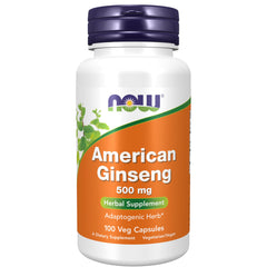 NOW Foods American Ginseng 500 mg bottle with capsules, highlighting adaptogenic support