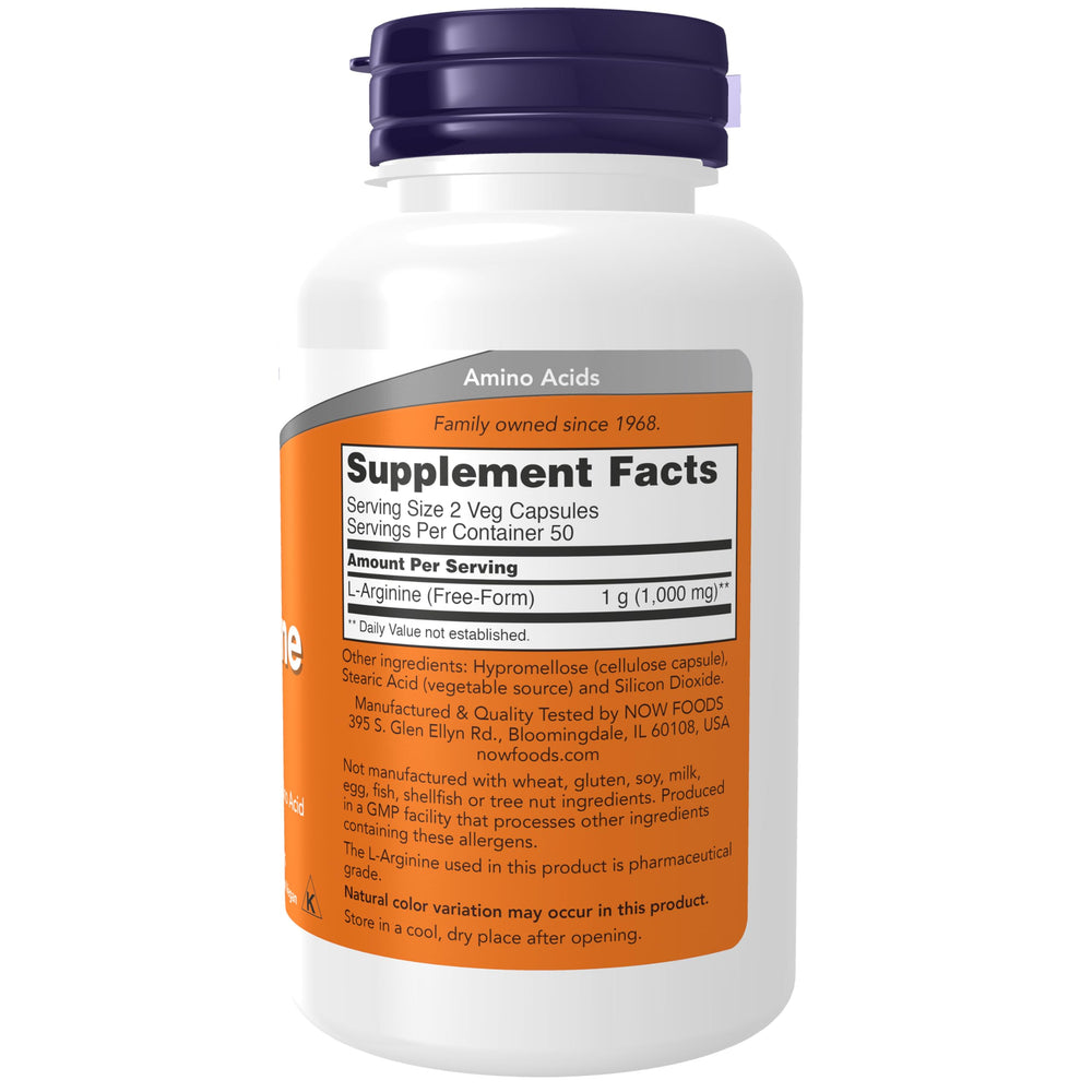 NOW Foods Arginine capsules closeup for easy daily supplementation.