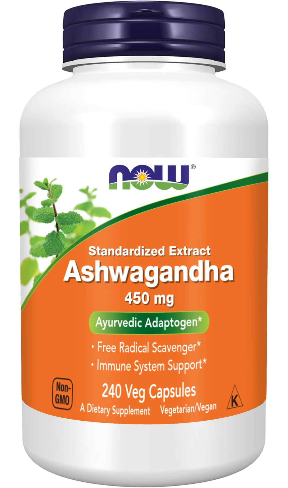 NOW Foods Ashwagandha extract bottle front shows vegan daily adaptogen use.