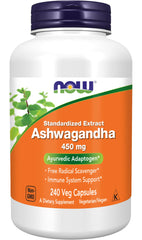 NOW Foods Ashwagandha extract bottle front shows vegan daily adaptogen use.