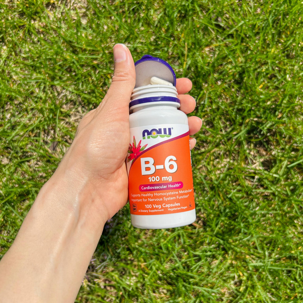 NOW Foods B-6 USA packaging photo shows family-owned brand.