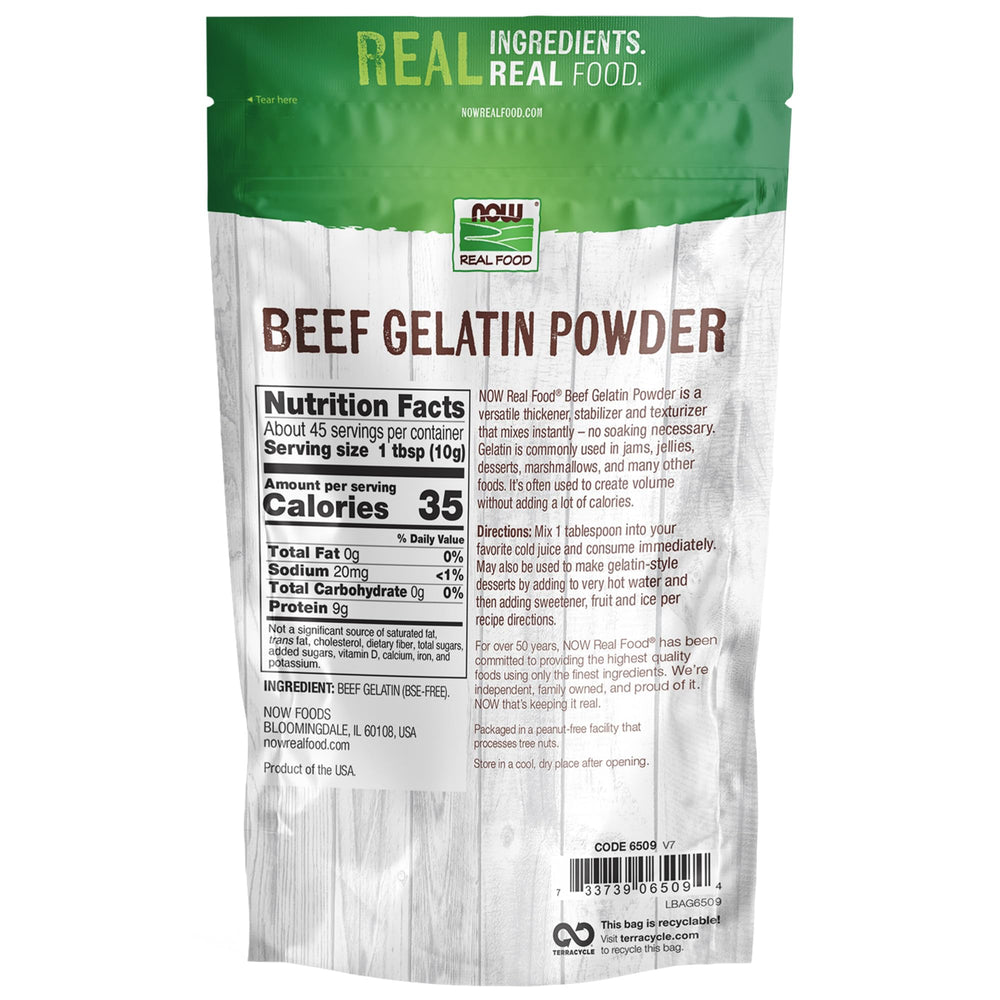 NOW Foods Beef Gelatin powder dissolves easily in cold liquids for thickening