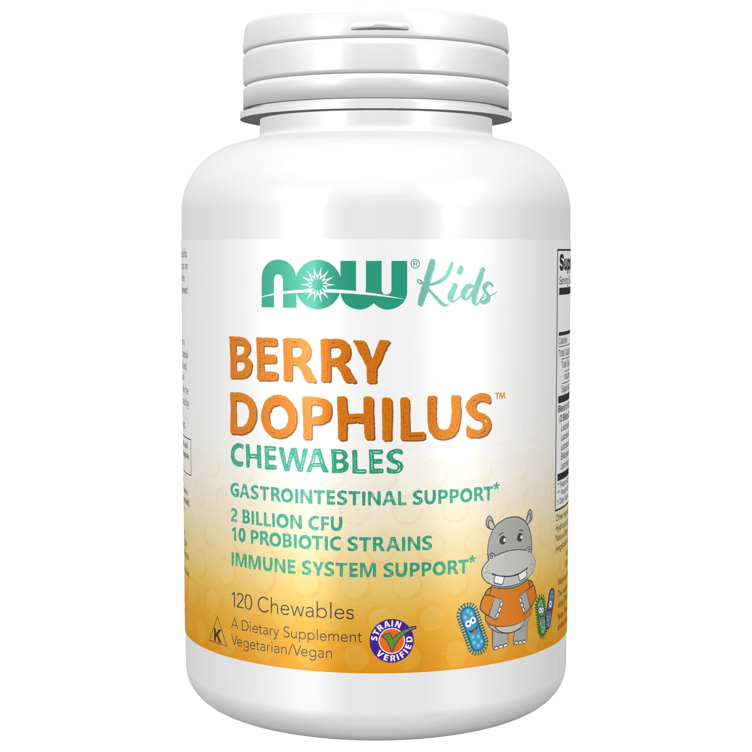 NOW Foods BerryDophilus bottle label shows 2B CFU and 10 strains for gut health.