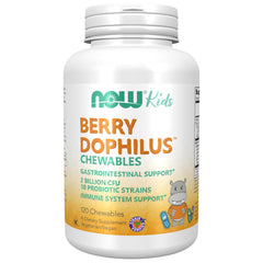 NOW Foods BerryDophilus bottle label shows 2B CFU and 10 strains for gut health.