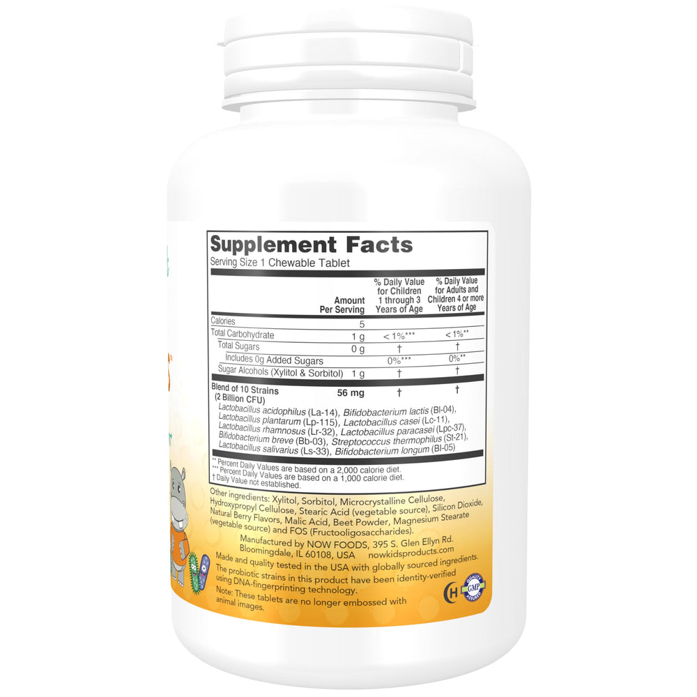 NOW Foods BerryDophilus chewables closeup highlights berry flavor and chewable texture.