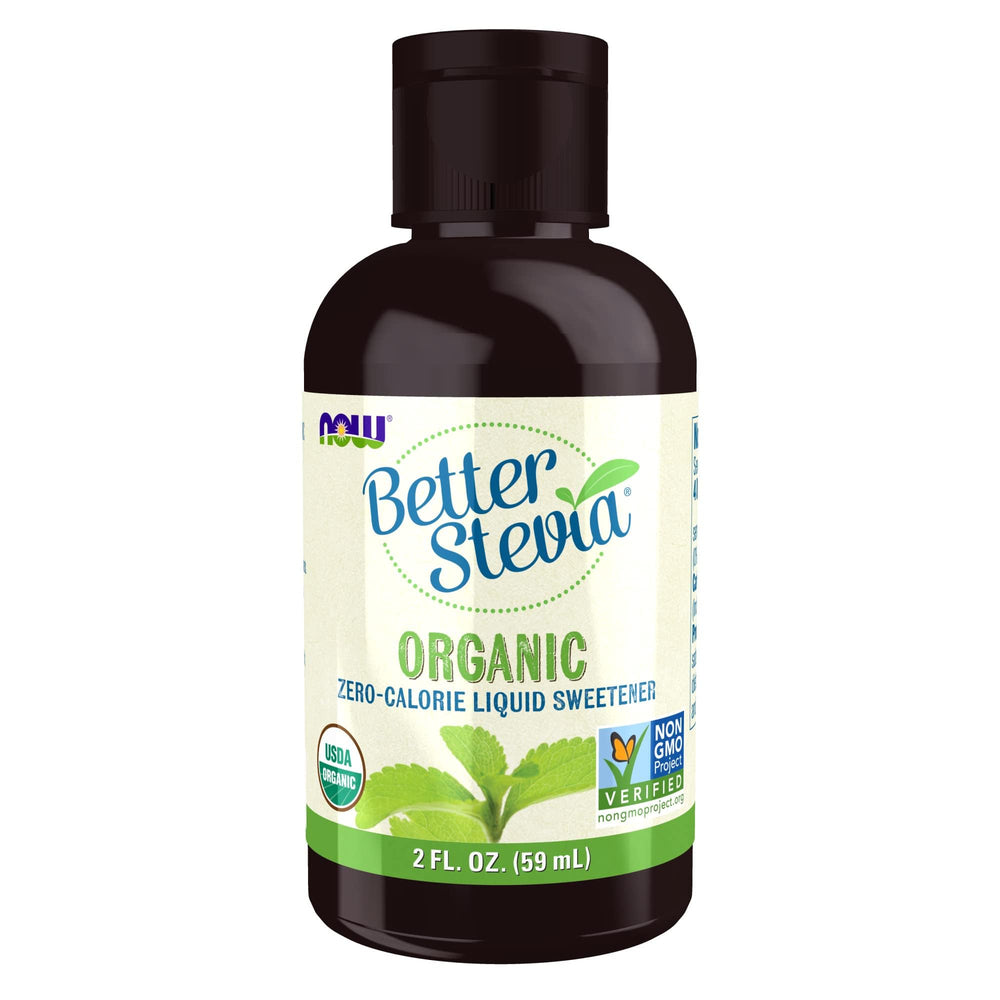 NOW Foods BetterStevia Organic Liquid bottle on counter provides zero-calorie sweetness for drinks.