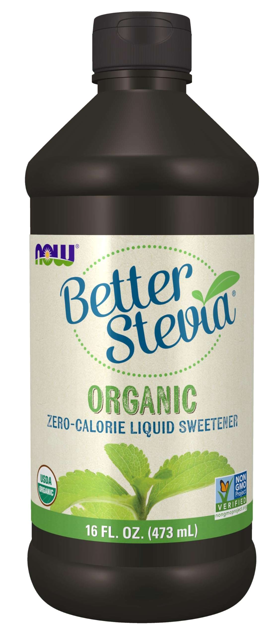 NOW Foods BetterStevia organic liquid sweetener bottle close-up showing organic sweetness for everyday beverages