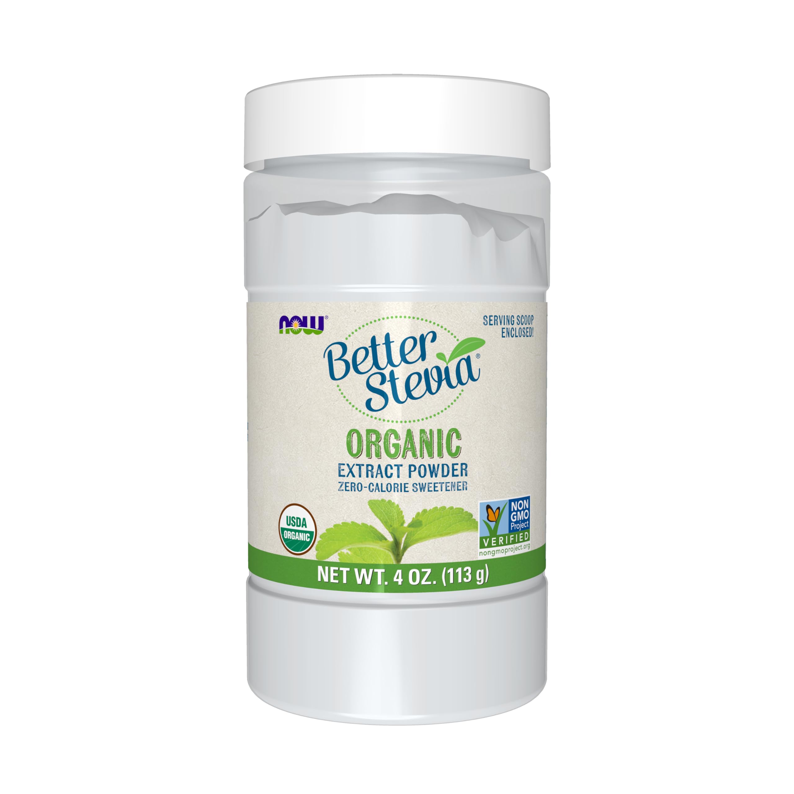 NOW Foods BetterStevia organic powder bottle for zero-calorie sweetness in beverages.