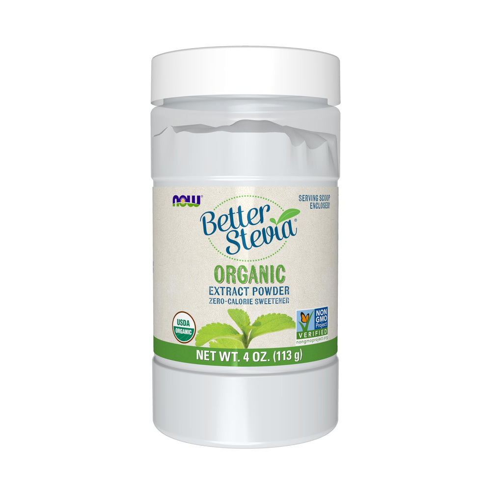 NOW Foods BetterStevia organic powder bottle for zero-calorie sweetness in beverages.