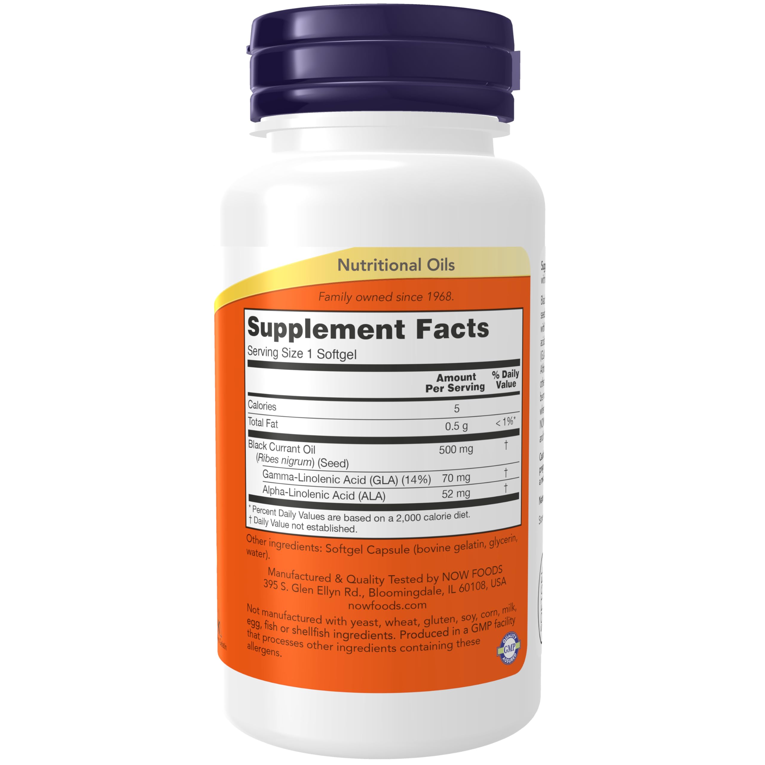 NOW Foods Black Currant Oil amber bottle pour highlighting GLA support