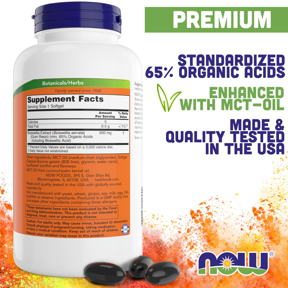 NOW Foods Boswellia 500mg softgel closeup showing standardized extract potency.