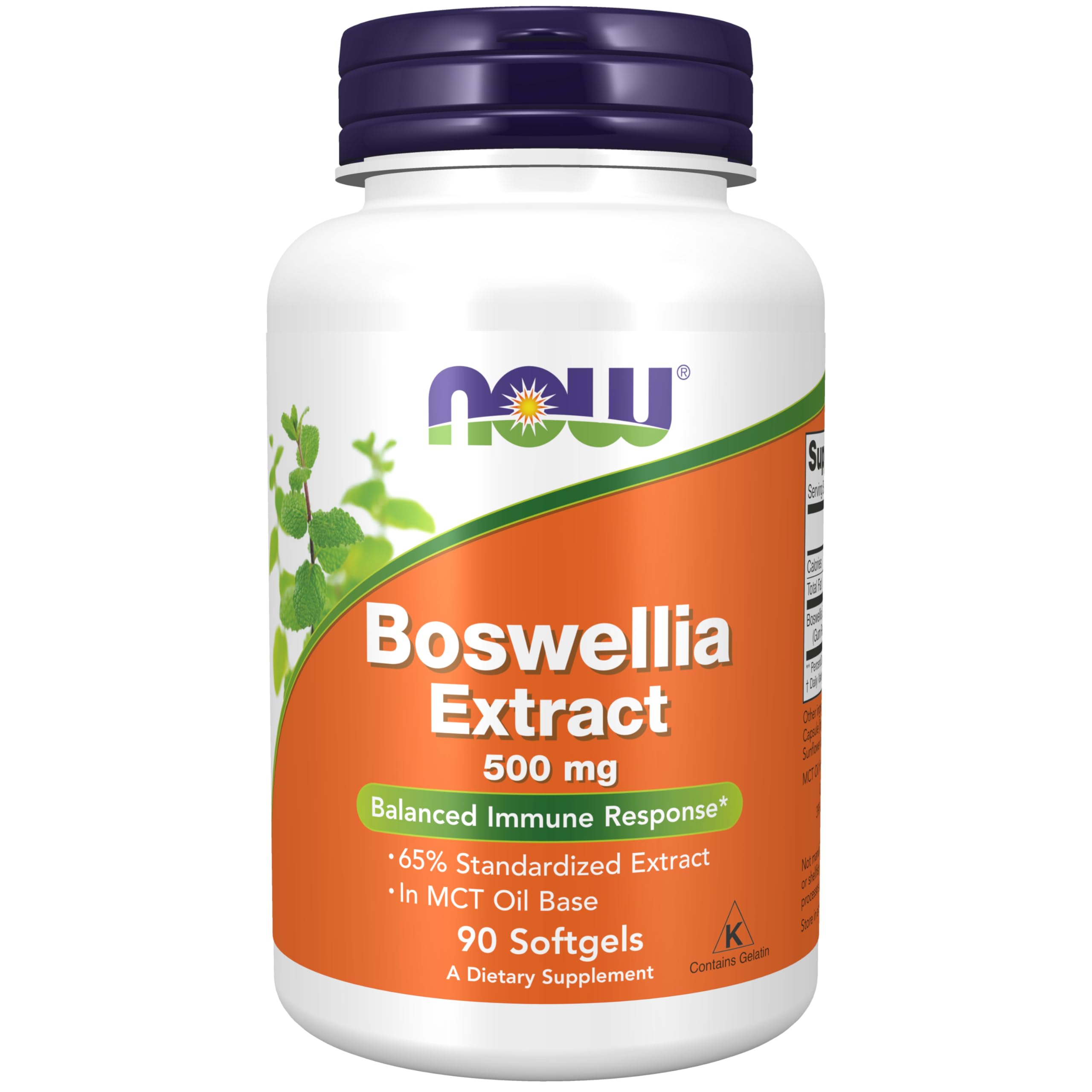NOW Foods Boswellia Extract bottle label shows 65% boswellic acids.