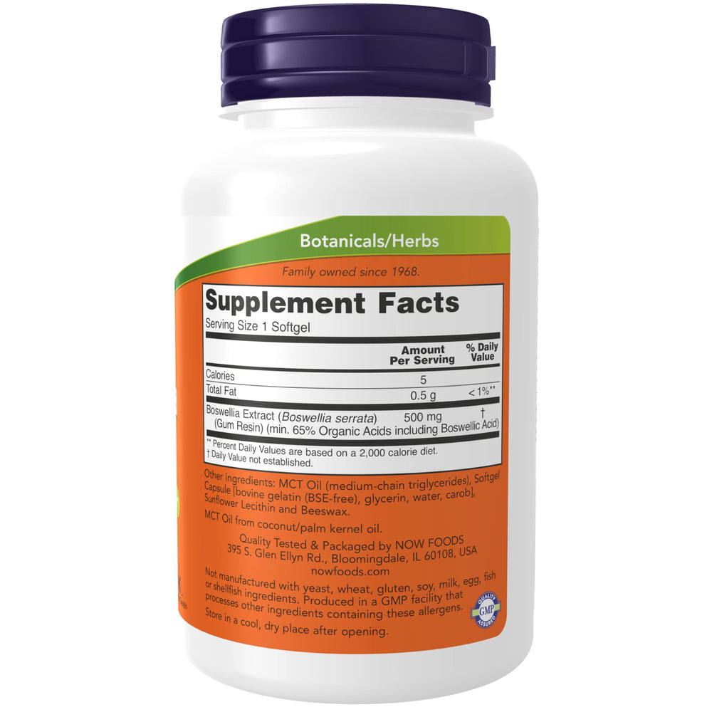 NOW Foods Boswellia softgels close-up for easy daily use.