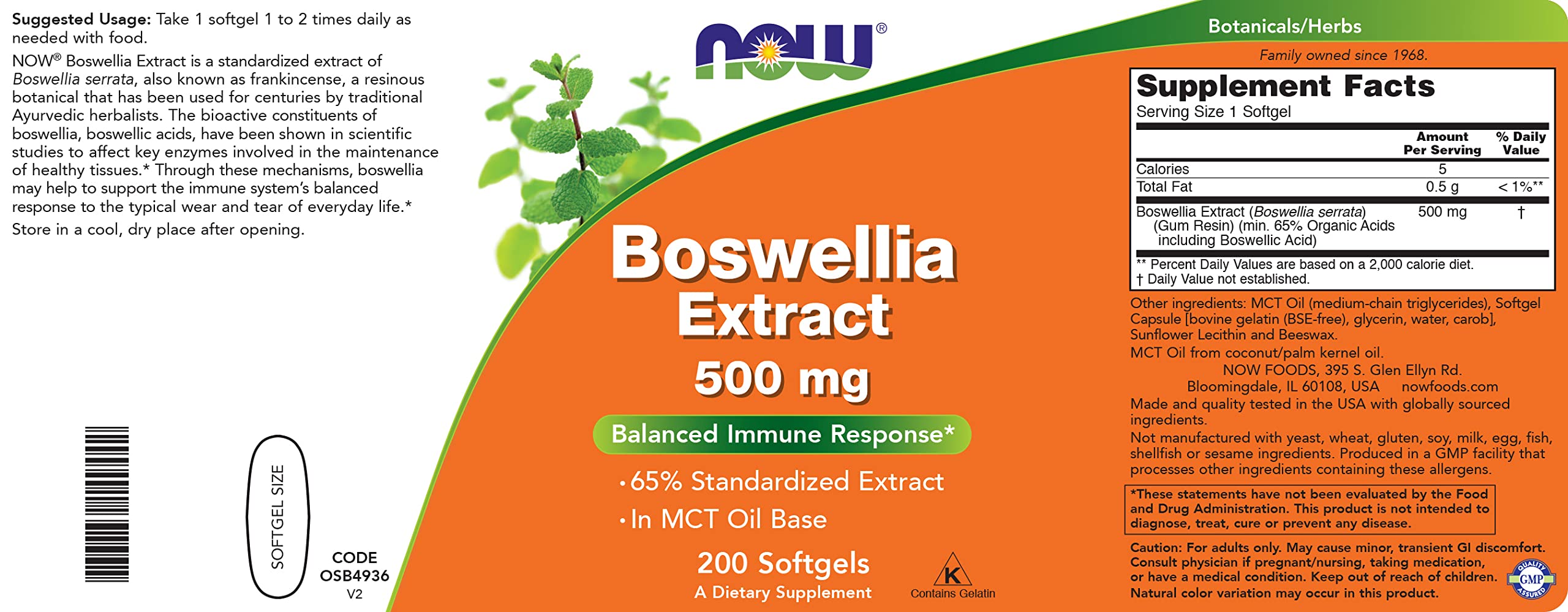 NOW Foods Boswellia ingredients label shows allergen-free formulation.