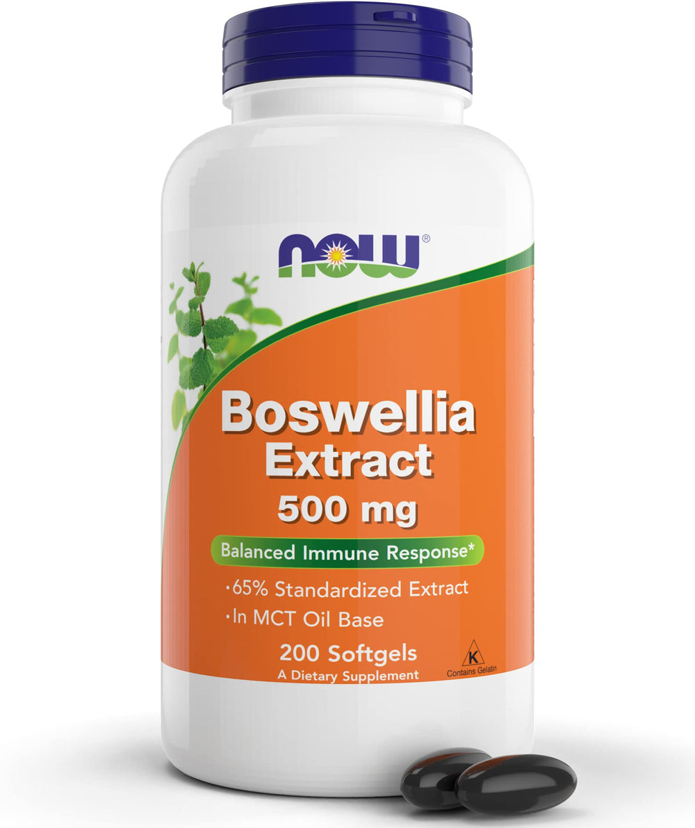 NOW Foods Boswellia softgels bottle on shelf for a convenient daily routine.
