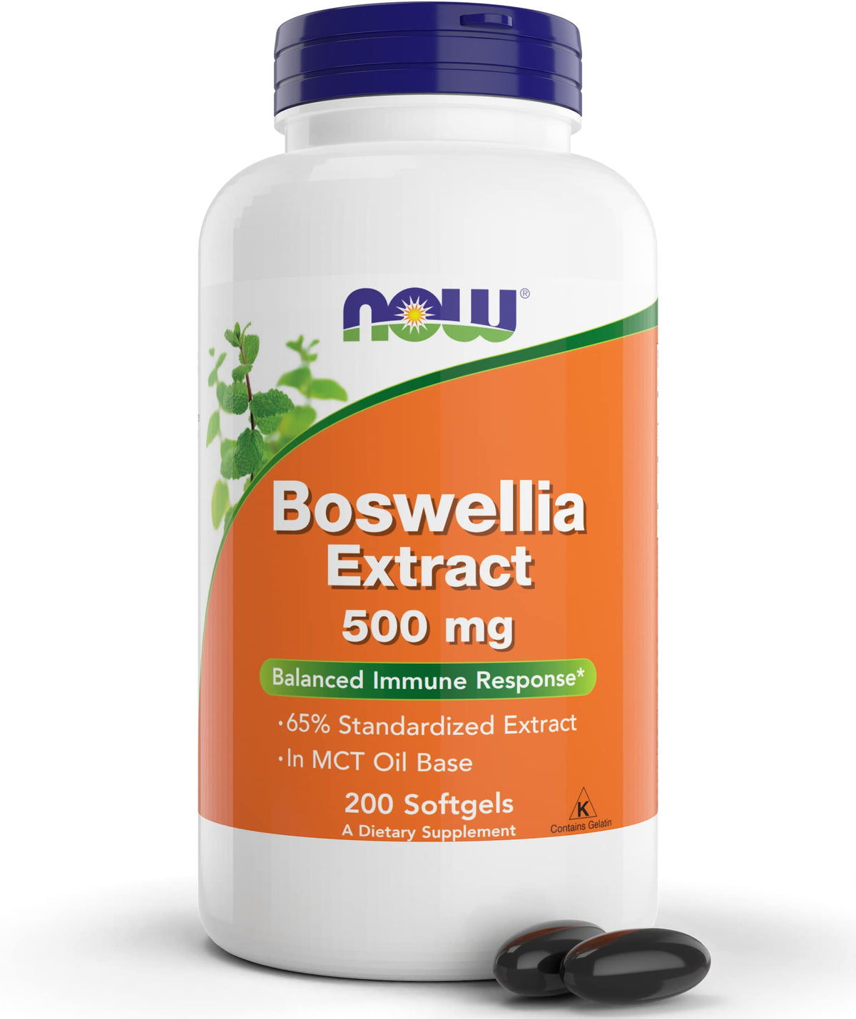 NOW Foods Boswellia softgels bottle on shelf for a convenient daily routine.