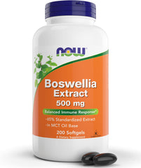 NOW Foods Boswellia softgels bottle on shelf for a convenient daily routine.