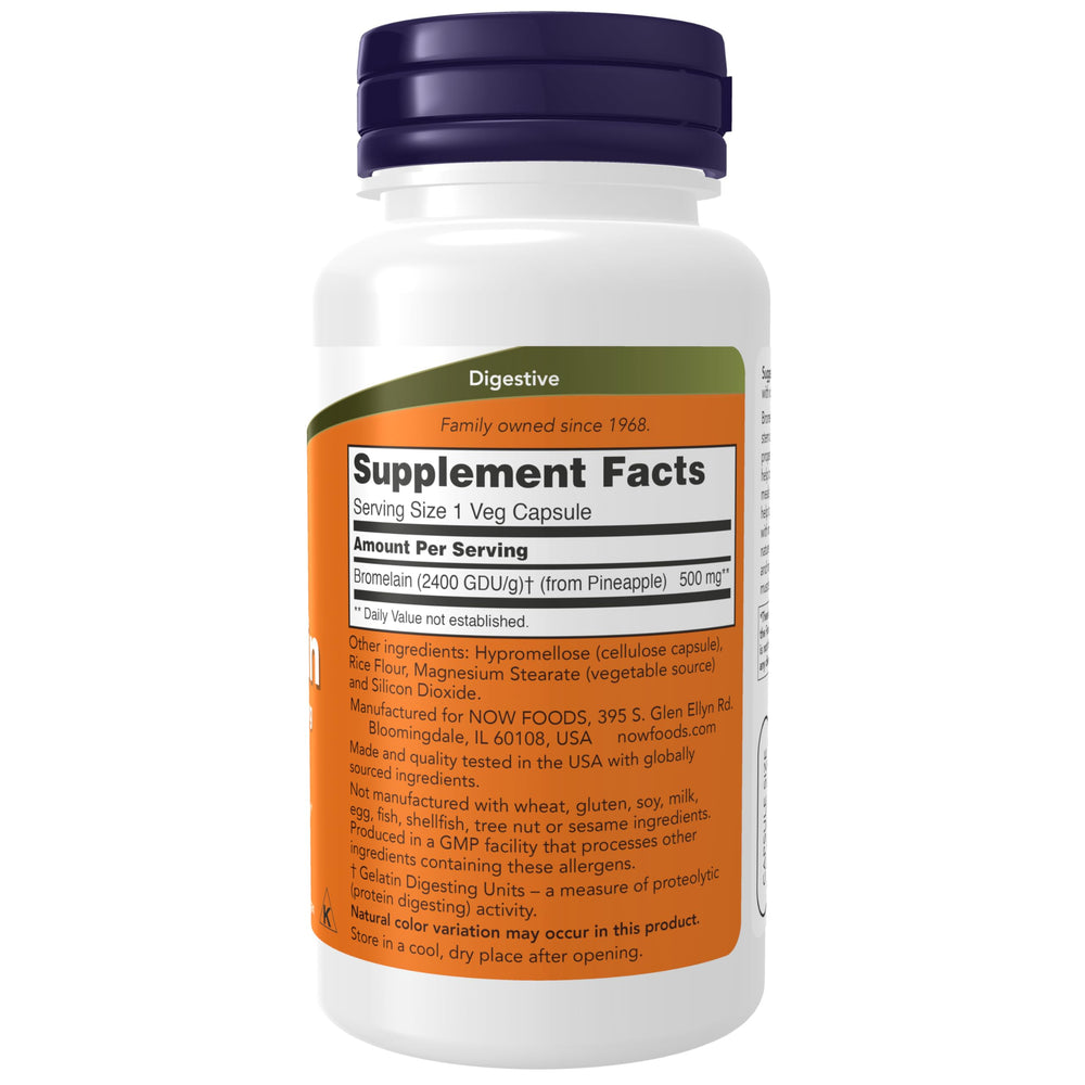 NOW Foods Bromelain capsule side view vegan gluten free formulation