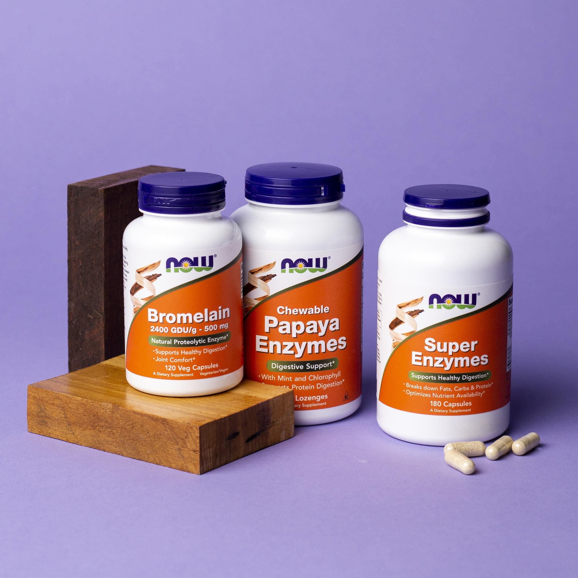 NOW Foods Bromelain capsules arranged for easy ingestion