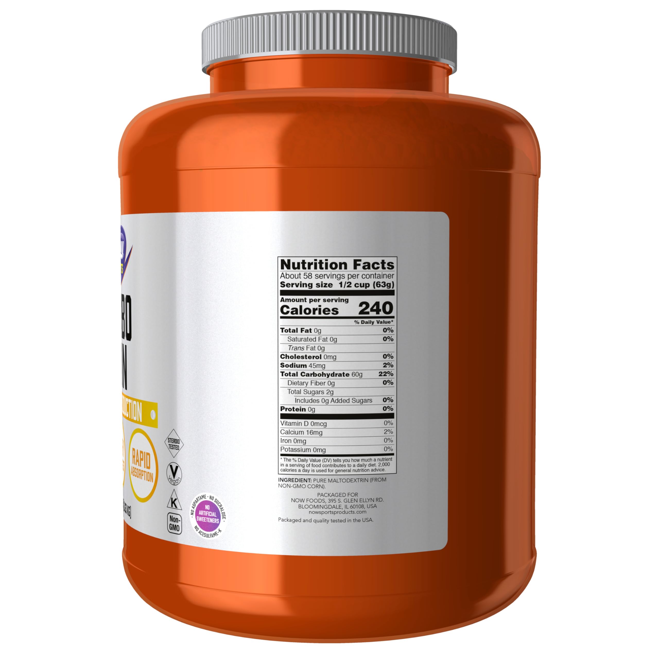 NOW Foods Carbo Gain maltodextrin close-up showing fast-digesting carbohydrate