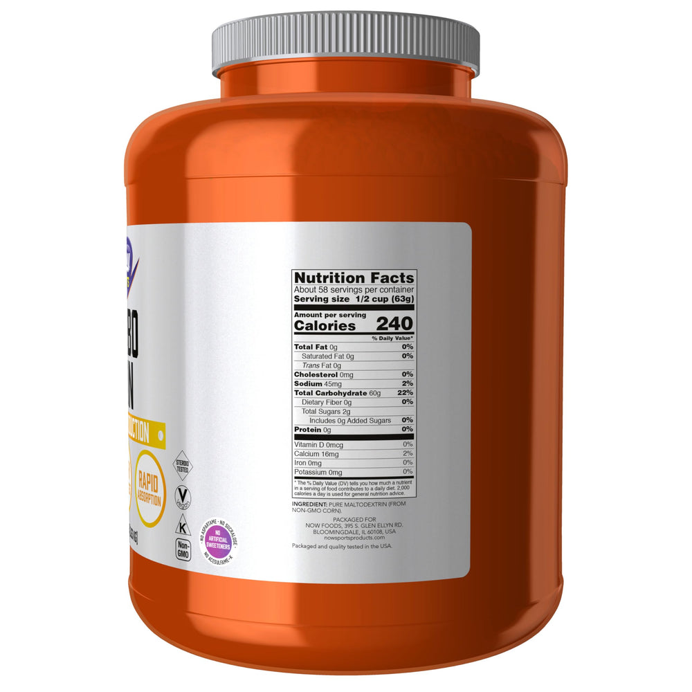 NOW Foods Carbo Gain maltodextrin close-up showing fast-digesting carbohydrate