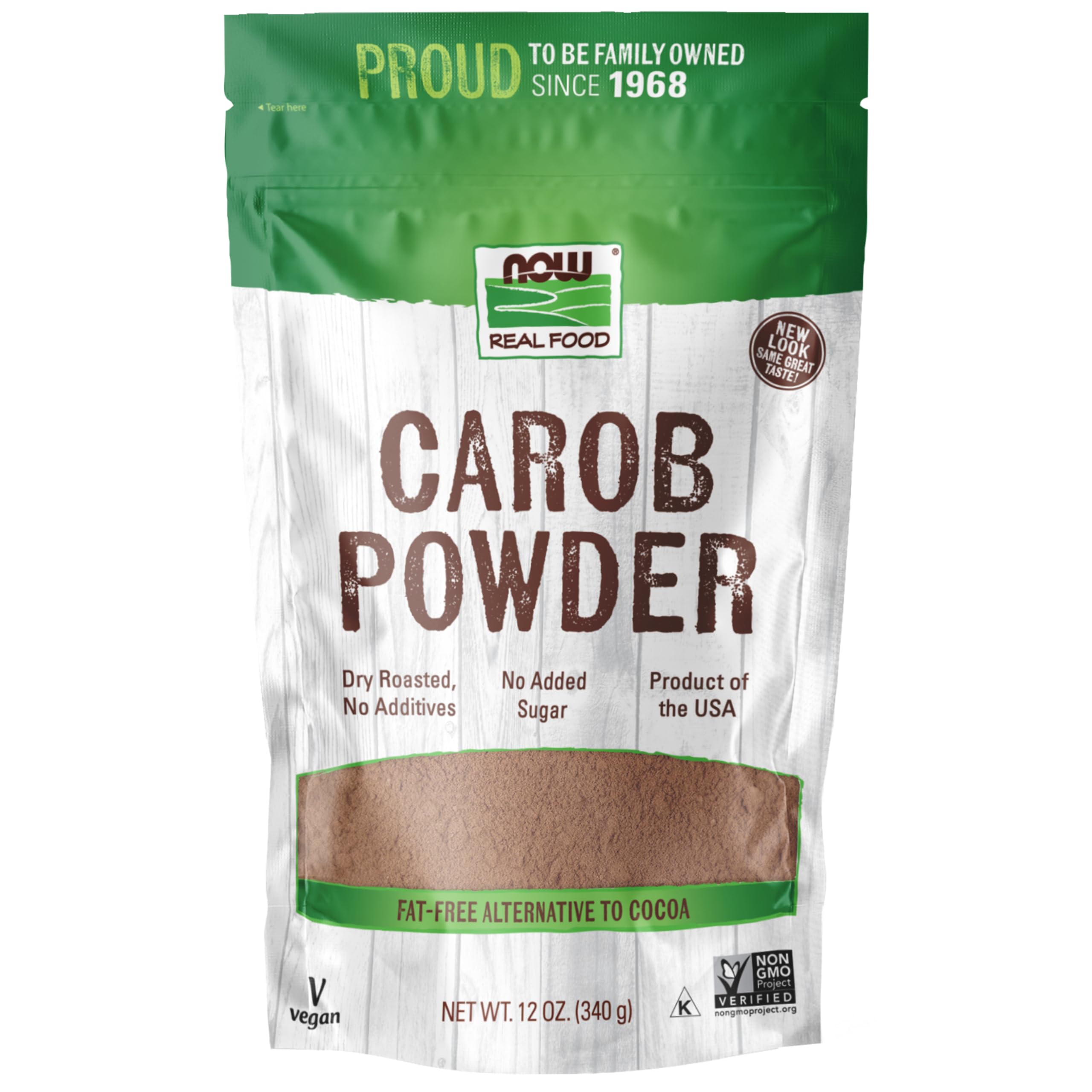 NOW Foods carob powder front-pack, gluten-free additive-free chocolate substitute.