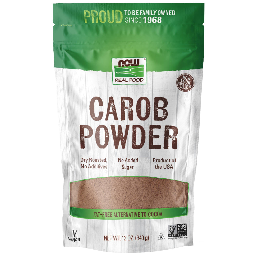 NOW Foods carob powder front-pack, gluten-free additive-free chocolate substitute.