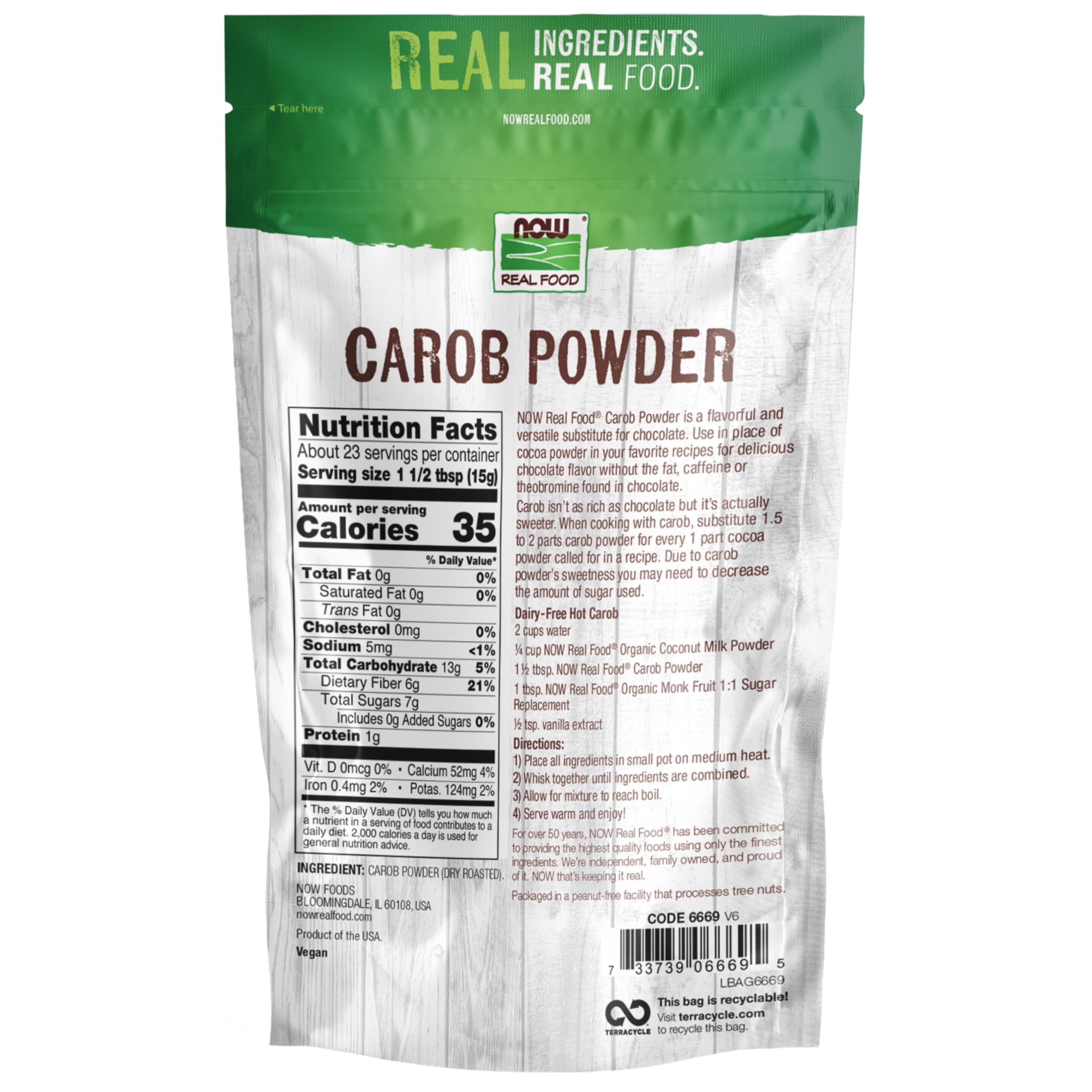 NOW Foods carob powder in a bowl for baking and desserts.