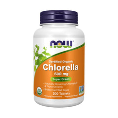NOW Foods chlorella bottle front with green tablets and label visible