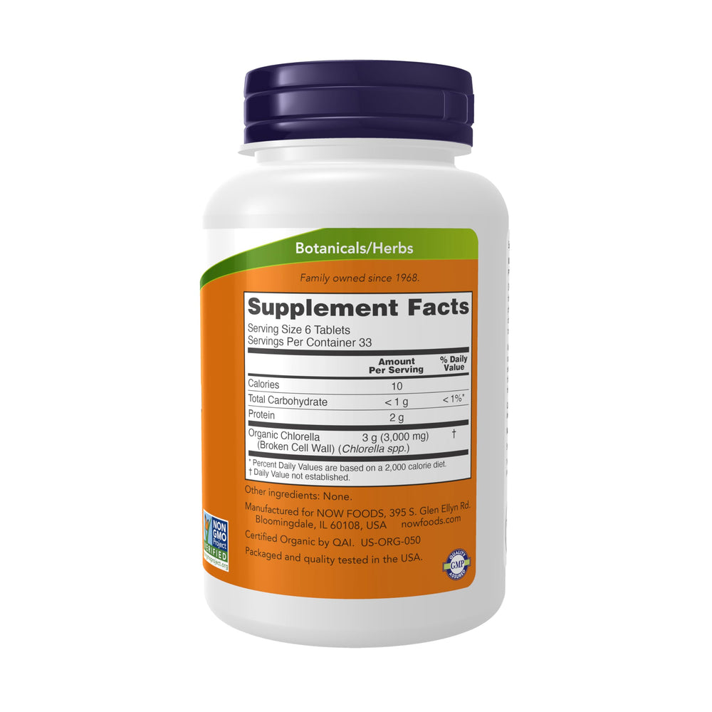 NOW Foods chlorella label close-up showing ingredients and logo