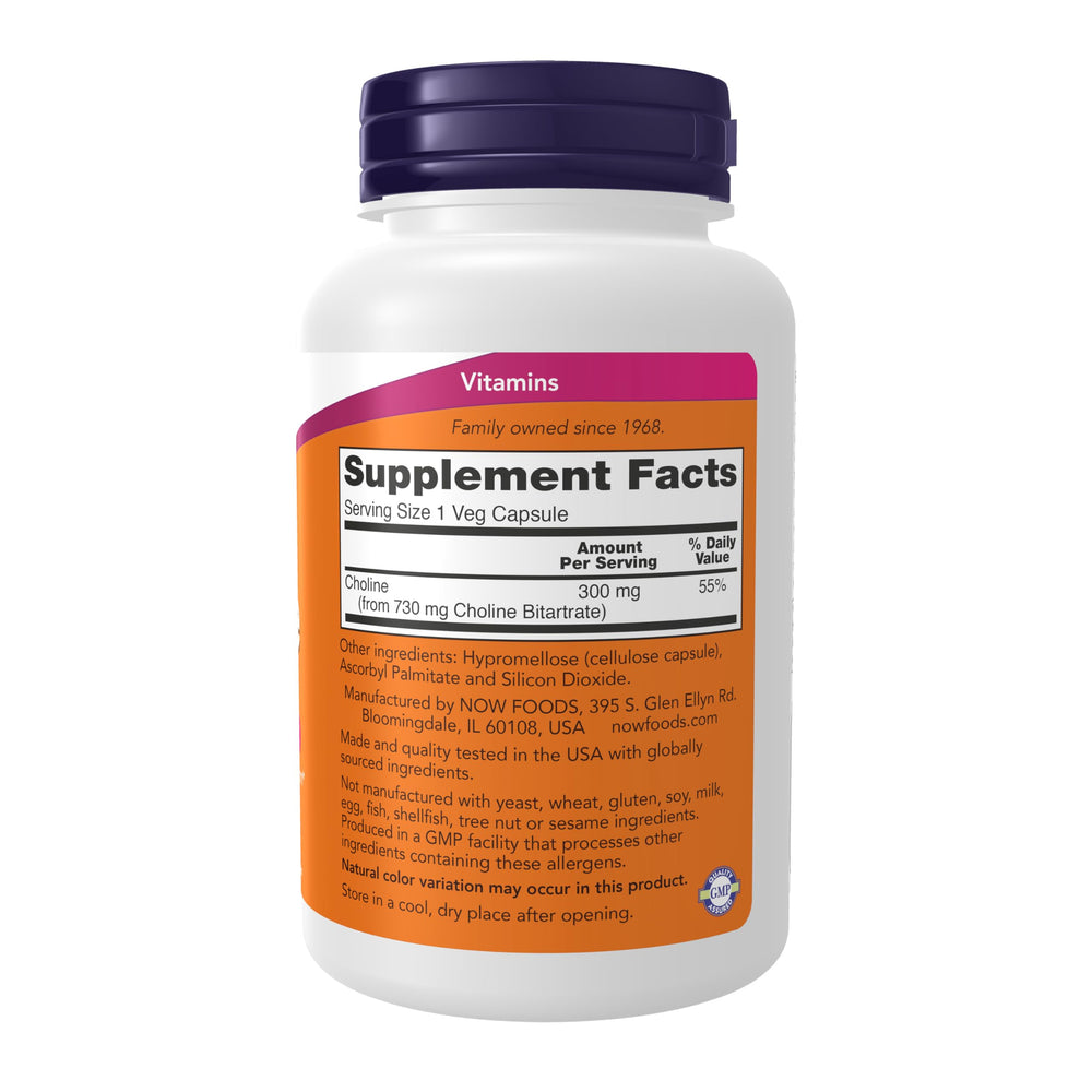 NOW Foods Choline capsules close-up emphasizing easy daily intake