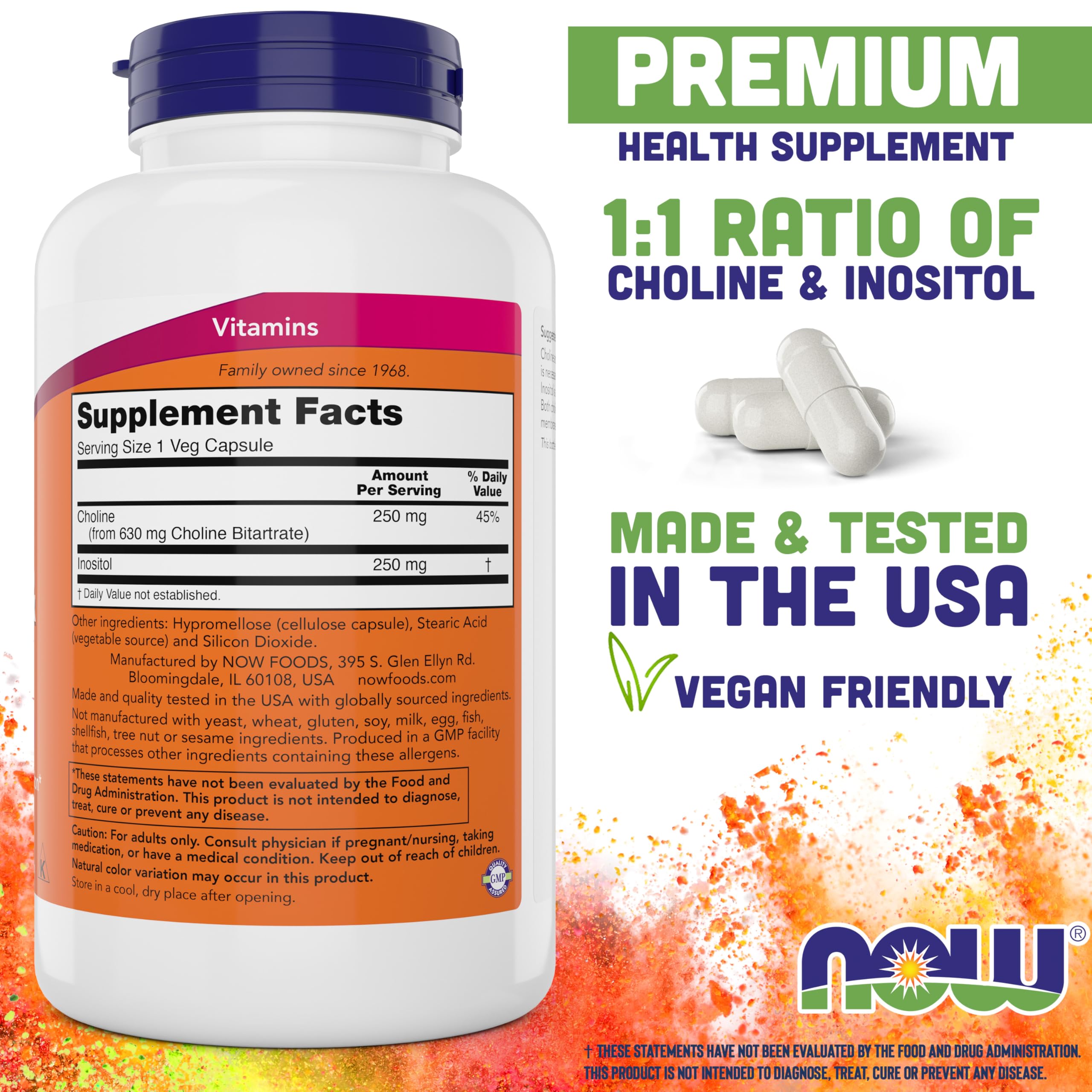 NOW Foods Now Choline & Inositol bottle back showing nutrition facts and certifications