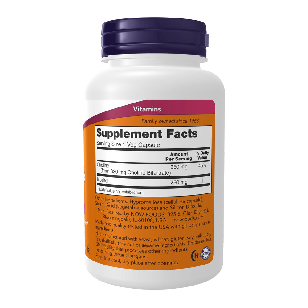 NOW Foods Choline & Inositol capsules closeup highlights convenient 500 mg servings for brain health.