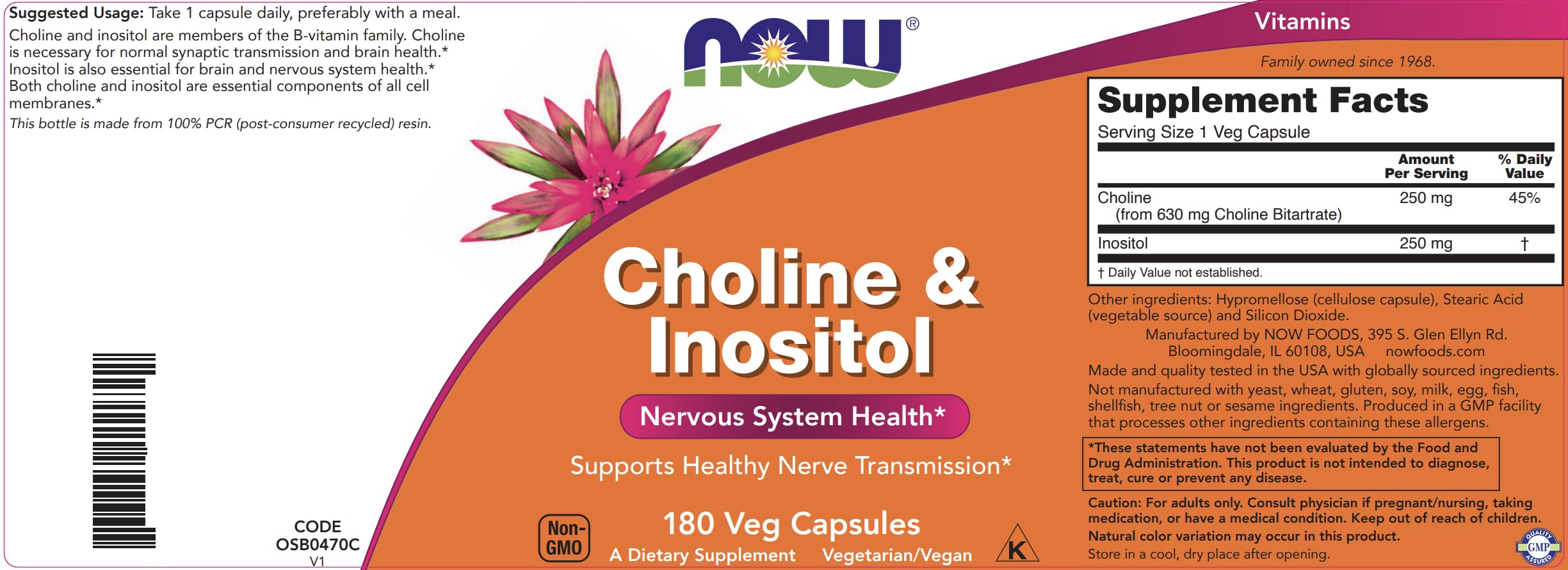 Choline & Inositol capsules closeup highlighting per-capsule dosage