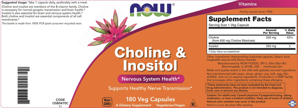 Choline & Inositol capsules closeup highlighting per-capsule dosage
