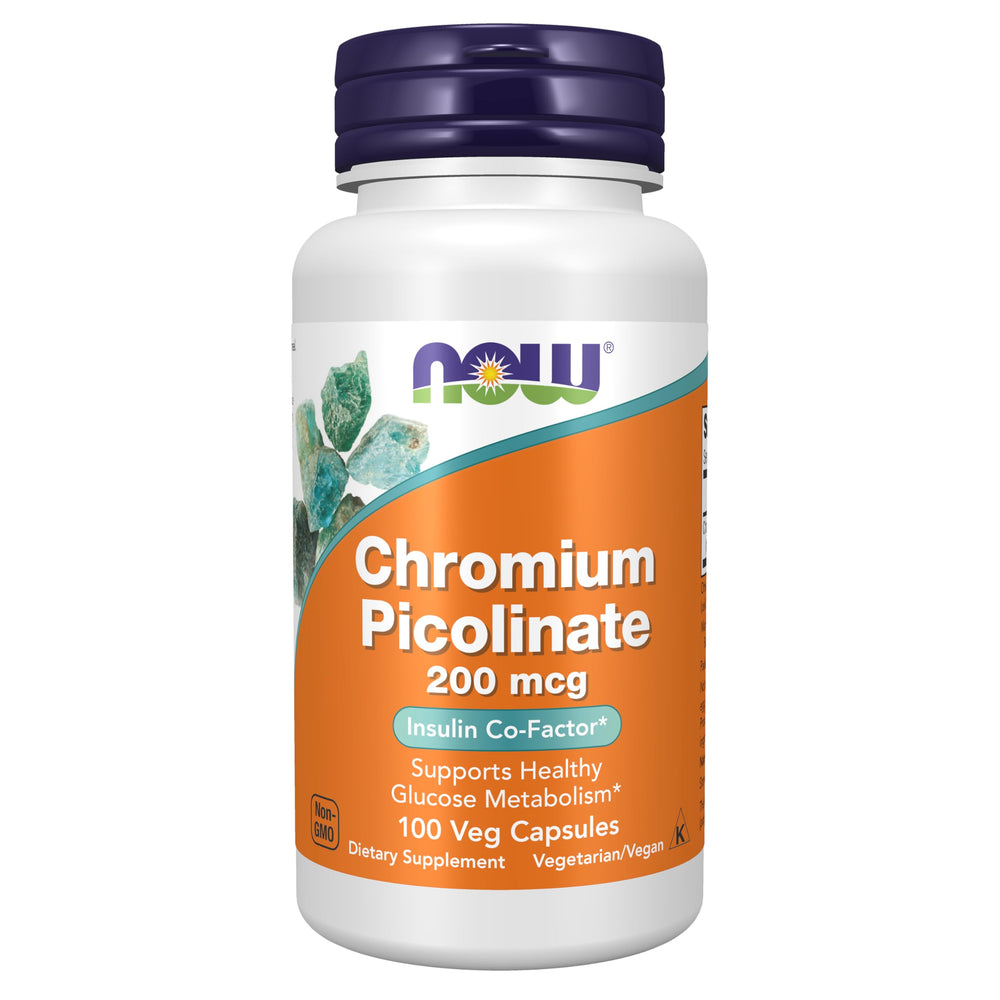 NOW Foods Chromium Picolinate capsules bottle front view supports healthy glucose metabolism