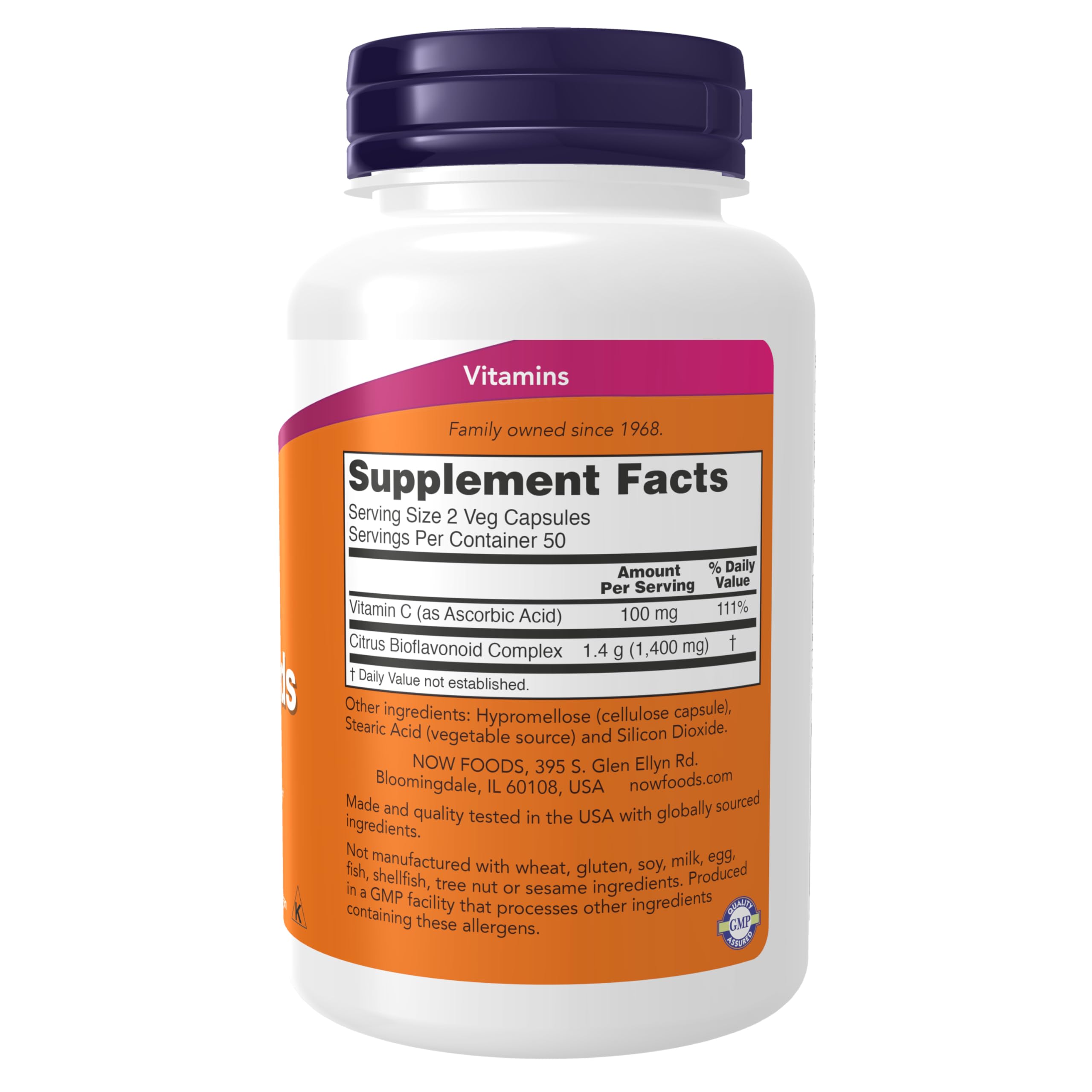 NOW Foods Citrus Bioflavonoids 700mg label close-up highlighting Vitamin C synergy