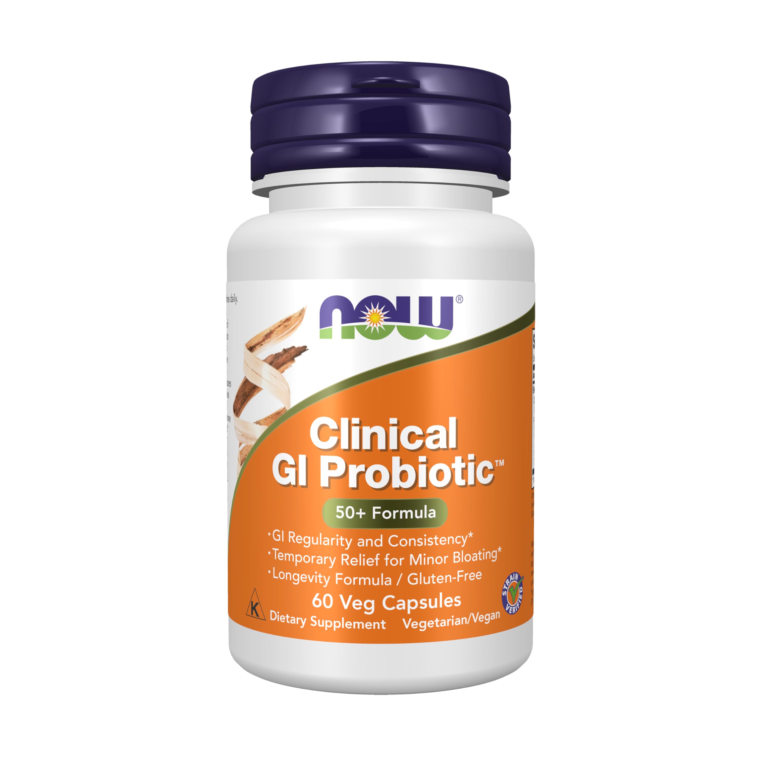 NOW Foods Clinical GI Probiotic 50+ bottle may support digestive regularity.