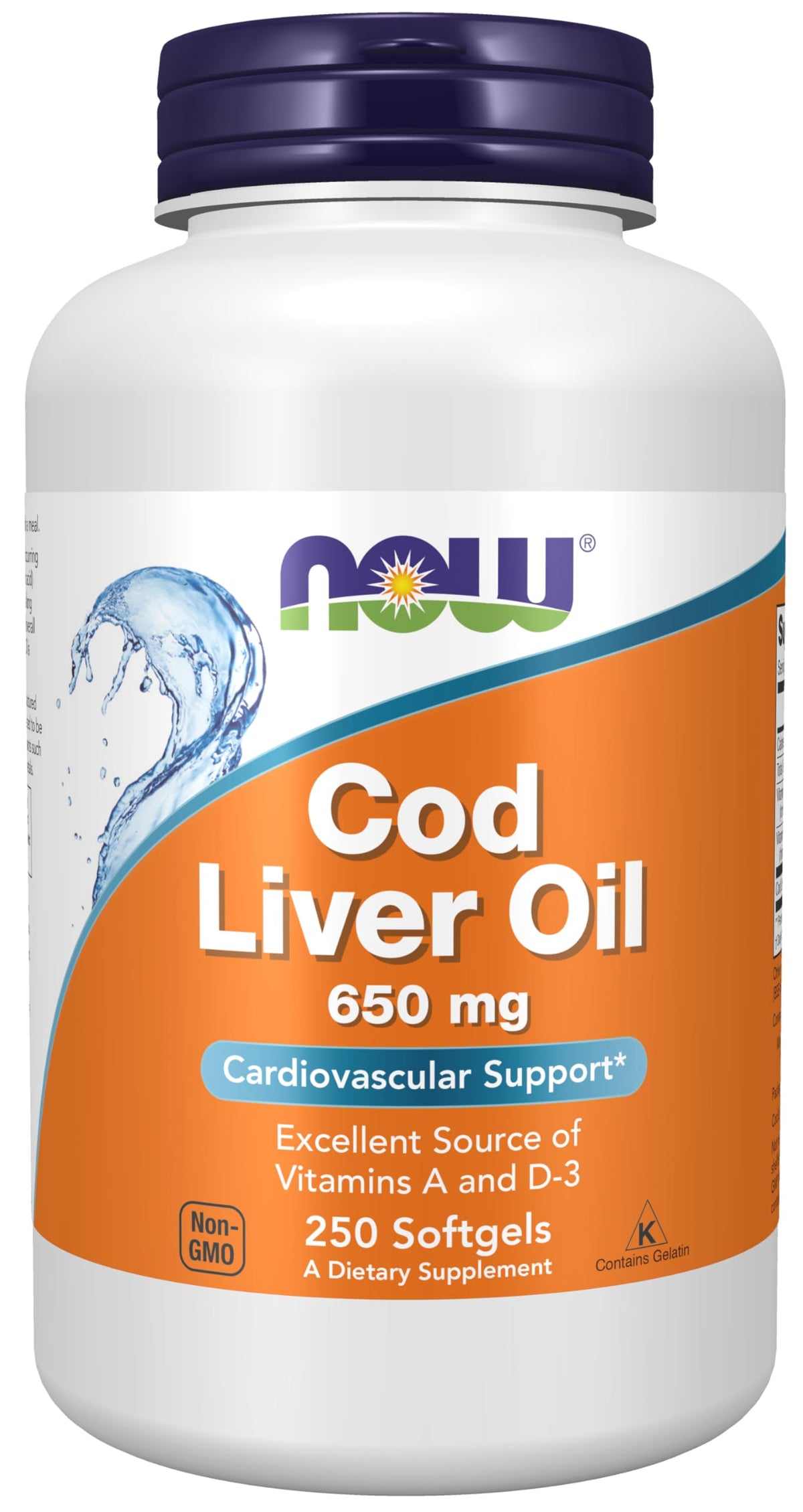 NOW Foods Cod Liver Oil softgels bottle close-up for daily cardiovascular support.