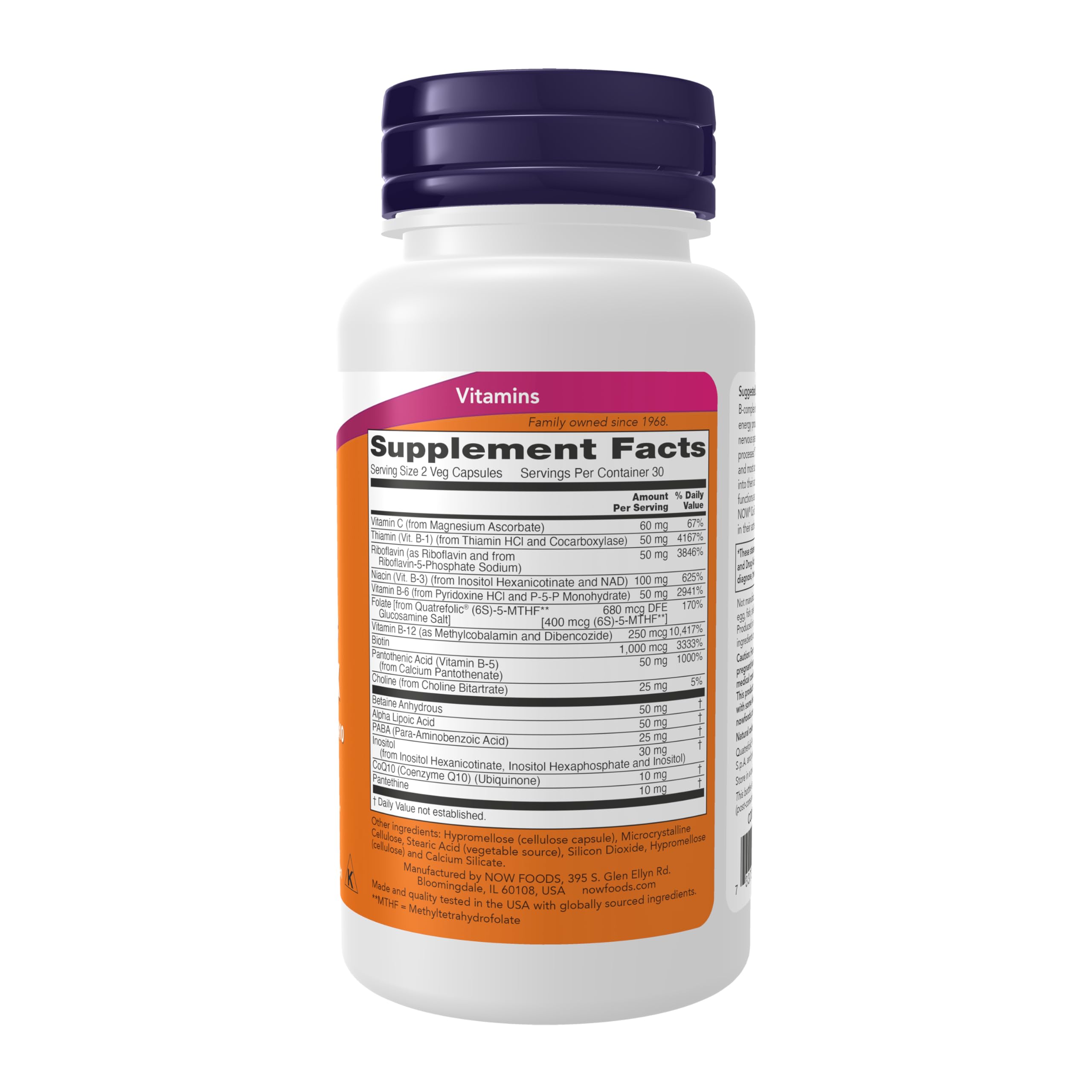 NOW Foods Co-Enzyme B-Complex vegan capsules on white background
