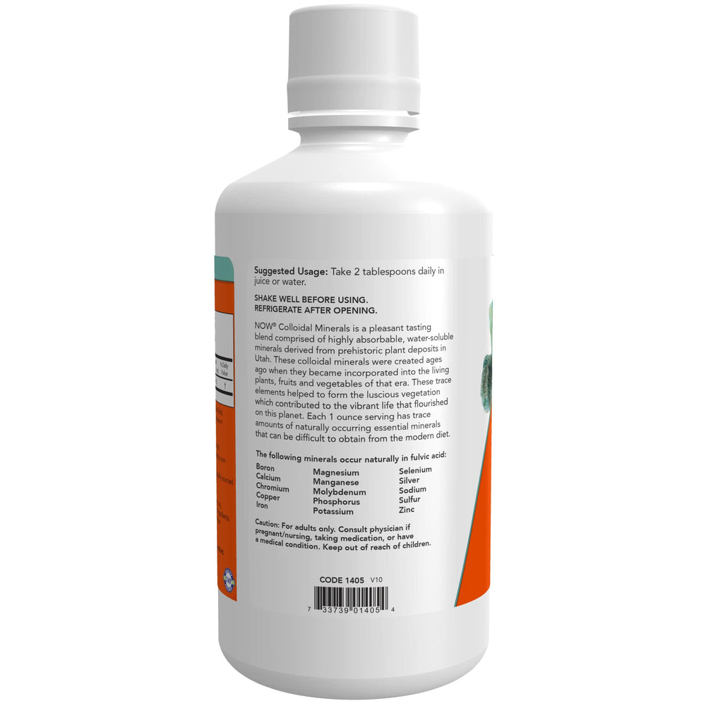 NOW Foods Colloidal Minerals label close-up highlighting fulvic acid minerals.