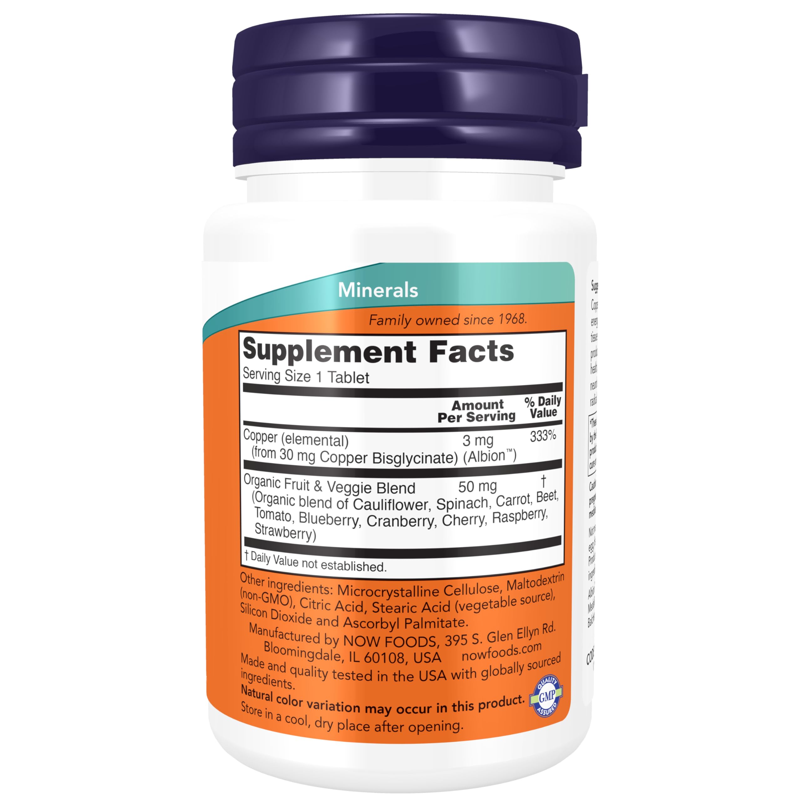 Close-up of NOW Foods copper glycinate tablets for easy daily intake