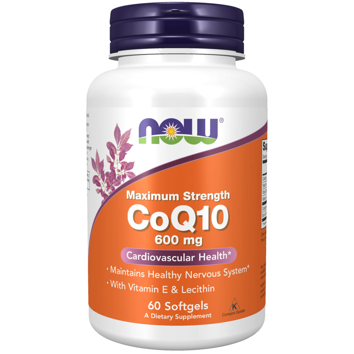 NOW Foods CoQ10 600 mg softgel bottle emphasizes energy support