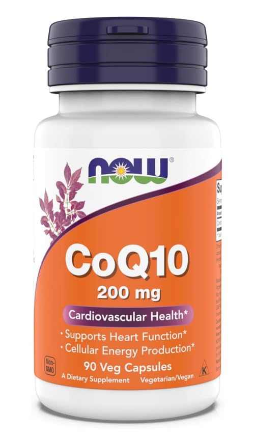 NOW Foods CoQ10 bottle top view, vegan capsules support cellular energy