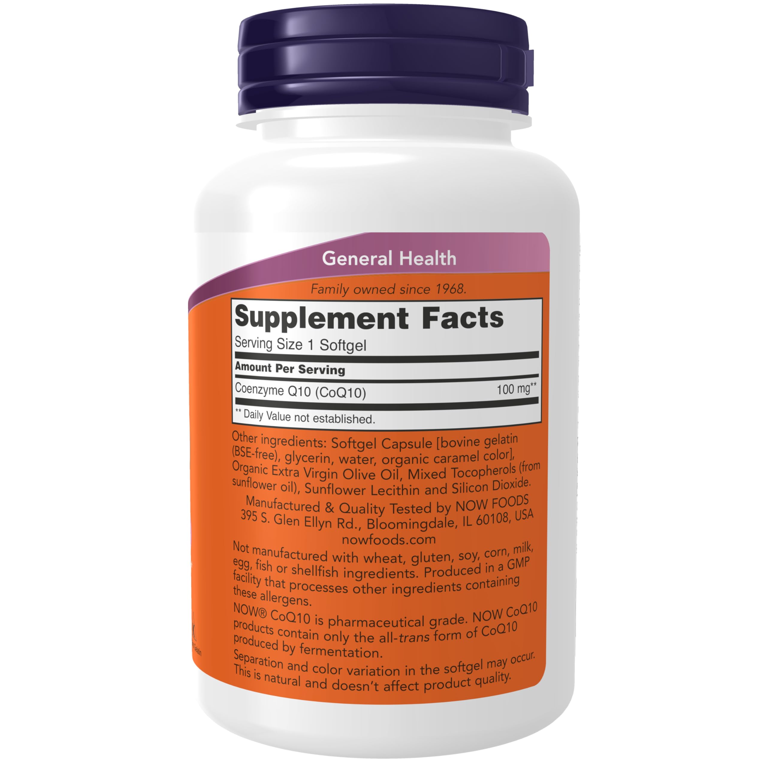 NOW Foods CoQ10 softgels label close‑up highlighting quality and dosage